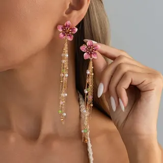 Boho Floral Dangle Earrings - White Enamel Flower with 18K Gold Plated Alloy, Colorful Crystal & Pearl Bead Tassel, 12cm Long Statement Earrings for Women
