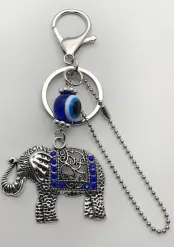 Silver Alloy Elephant Keychain with Blue Evil Eye Charm, Rhinestone Inlaid Lucky Pendant Bag & Car Key Holder