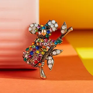 Koaala Koala Rhinestone Brooch - Vintage Antique Gold Alloy Animal Pin with Multi-Color Crystal Pavé, Cute Bear on Branch Jewelry Accessory for Women