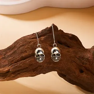 Halloween Skull Dangle Earrings, Gothic Punk Long Ear Thread, Alloy Antique Finish 3D Carved Skull, ~10cm, Party Festival Jewelry (Pair)