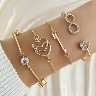 Gold Rhinestone Bracelet Set - Heart & Infinity & Arrow Multi-Layer Stackable Bangle, 18K Gold Plated Alloy with Cubic Zirconia, 4-Piece Jewelry Gift Set for Women