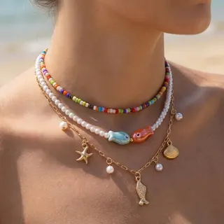Boho Ocean Necklace Set 3-Piece Layered - Fish Starfish Shell Charm, Colorful Seed Beads & Pearl, Ceramic Fish, Gold Plated, Beach Vacation Jewelry for Women