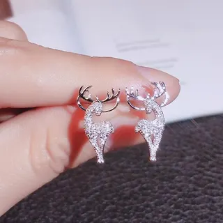 Christmas Reindeer Antler Stud Earrings, Silver Alloy Rhinestone Deer Head Earrings, Festive Luxury Forest Style Jewelry, 1.2x2.1cm, Pair