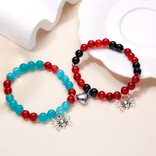 Halloween Spider Heart Magnetic Couple Bracelet - Glass Bead & Alloy Charm, Stretchy 18cm Adjustable, Red Black Blue Color Block, Pair Set of 2, Funny Gift for Her Him
