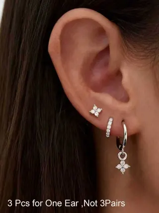 Flower Crystal Earring Set for One Ear - 3 Pcs Combo: Four-Petal Stud + No-Piercing Ear Cuff + Hoop Dangle Earring, Alloy with Rhinestone, Elegant Layered Jewelry