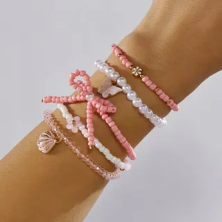 5-Piece Pink Beaded Bracelet Set - Shell, Butterfly & Flower Charm, Pearl & Seed Beads with 18K Gold Plated Alloy, 18cm Adjustable, Sweet Vacation Stackable Jewelry for Women