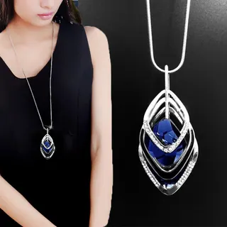 Luxury Blue Crystal Pendant Necklace for Women, Multi-Layer Geometric Rhinestone Long Sweater Chain, Alloy 60cm Elegant Collarbone Necklace