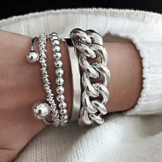 Gold Chunky Chain Cuff Bracelet Set of 5 - 18K Gold Plated Alloy Open Bangle, Boho Layering Bracelets for Women, Party & Street Style Jewelry Gift Set
