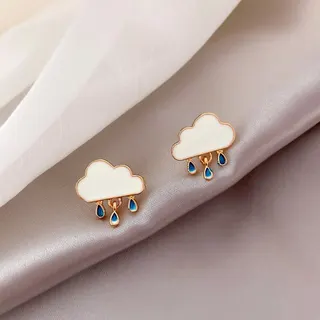 Cloud Raindrop Dangle Earrings Women, Gold Plated Enamel Stud Earrings with Blue Teardrop Charm, Sweet Cute Hypoallergenic Silver Post Earrings, 1.8cm