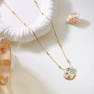 Enamel Conch Shell Necklace for Women - Imitation Pearl & 18K Gold Plated Stainless Steel, Macaron Color Beach Vacation Pendant Chain 45+5cm Adjustable