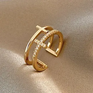 Double Layer Cross Ring for Women, Adjustable Open Banded Ring with Cubic Zirconia, 18K Gold Plated Statement Finger Ring