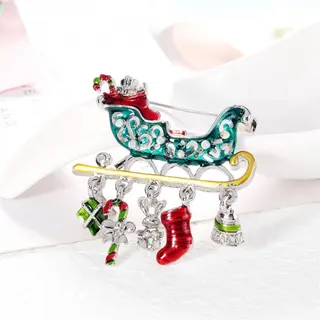 Christmas Gift Sleigh Brooch - Alloy Enamel Pin with Dangling Ornaments (Stocking, Bell, Rabbit, Candy Cane), Festive Holiday Lapel Brooch for Sweater Coat, ~4.1cm
