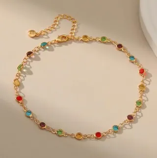Colorful Zircon Anklet for Women, 18K Gold Plated Copper Chain Bracelet, Multi-Color Gemstone Summer Beach Foot Chain with Adjustable Extension Clasp 22+6cm