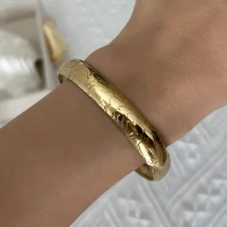 Gold Open Cuff Bangle - Stainless Steel 18K Gold Plated Relief Sculpted Wide Bracelet, Hypoallergenic Tarnish-Free Adjustable Cuff for Women