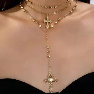 Gold Cross Pendant Necklace for Women, Layered Tassel Rhinestone Y-Necklace, 18K Gold Plated Alloy Gothic Vintage Choker Chain 35+7cm