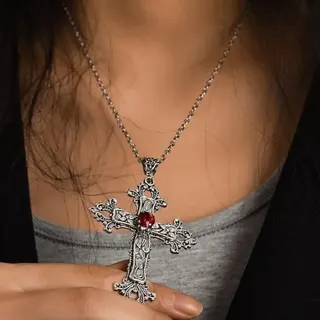 Vintage Gothic Cross Pendant Necklace, Alloy Filigree Engraved with Red Gemstone, 40cm Chain, Statement Jewelry for Women