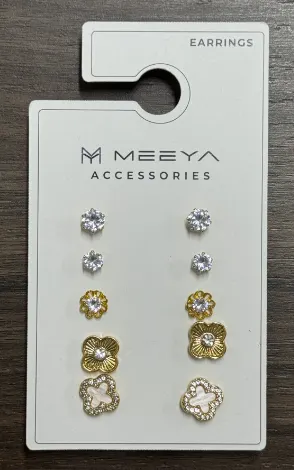 MEEYA 5 Pairs Flower Stud Earrings Set, Copper 18K Gold Plated with Cubic Zirconia, French Vintage Round & Hollow Flower Earrings for Women
