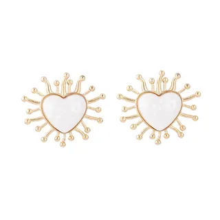 Vintage Heart Earrings - French Chic Mother of Pearl Sunburst Studs, 18K Gold Plated Alloy, Sweet Radiant Bead Design, 3.5cm Pair