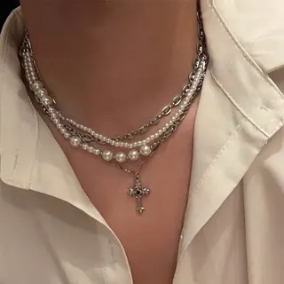 Layered Pearl Necklace with Cross Pendant, Vintage Silver Tone Multi-Strand Chain, Fashion Y2K Collar Accessory for Women