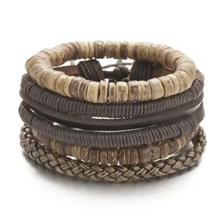 Men's Multi-Layer Wrap Bracelet Set - Natural Wood & Coconut Shell Beads with Leather Braided Cords, Adjustable 16-28cm Boho Outdoor Style