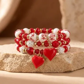 Valentine's Day Bracelet Set, Red Heart Charm Beaded Bracelets, Alloy & Rice Beads with 18K Gold Plating, 18cm, 3-Piece Gift Set for Women