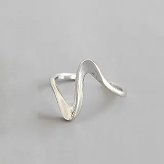 Minimalist Wave Open Ring for Women, Gold Plated Silver, Adjustable Size, Asymmetrical Curved Design, Stackable Fashion Jewelry
