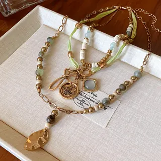 Bohemian Multi-Layer Beaded Necklace with Bow & Double Pendants, Gold & Green Alloy 18K Plated, Handwoven Silk Thread, Vintage Statement Collar Necklace for Women
