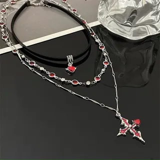 Gothic Cross Multi-Layer Necklace, Red Rhinestone Enamel Cross Pendant with Leather Choker, Silver Plated Alloy Punk Y2K Statement Jewelry for Women