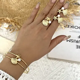 Gold Starfish Shell Pearl Jewelry Set - Bracelet Ring Earrings 3-Piece Set, Vintage Beach Vacation Style, Adjustable Open Design, 18K Gold Plated Alloy