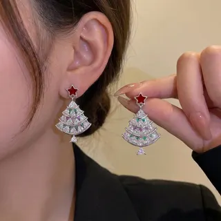 Christmas Tree Dangle Earrings, Alloy Rhinestone Zircon Holiday Earrings with Red Star & Colorful Gems, Festive Party Jewelry, 1 Pair