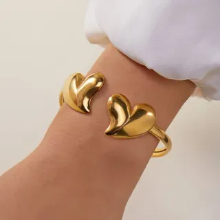 Gold Heart Cuff Bracelet for Women, 18K Gold Plated Stainless Steel Open Bangle, Polished 3D Love Heart Design, Hypoallergenic Stackable Jewelry