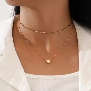 Double Layer Gold Plated Collarbone Necklace with Heart Pendant, 18K Gold Alloy Layered Chain for Women, Minimalist Luxury Jewelry Gift