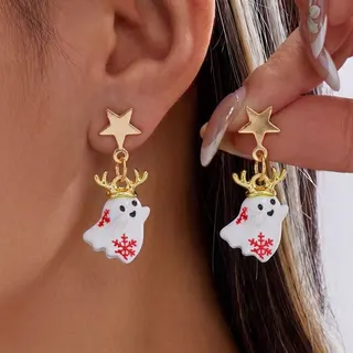 Halloween Ghost Earrings - Gold Star Stud with Reindeer Crown Ghost Dangle, Enamel Alloy Cute Party Jewelry (Pair)