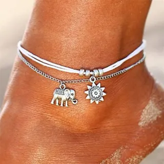 Boho Beach Anklet for Women - Silver Elephant & Sun Charm Double Layer Chain Bracelet, Adjustable Alloy Ankle Bracelet for Summer Vacation