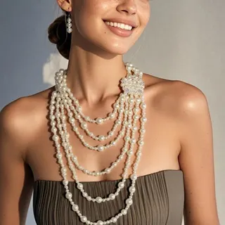 Vintage French Pearl Flower Necklace with Rhinestone, Multi-Strand Long Sweater Chain, White Elegant Layered Pendant for Women, 42+6.5cm Adjustable, Wedding & Party Jewelry