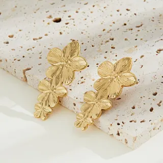 Three Flower Drop Earrings, Gold Stainless Steel Petal Dangle Earrings, Hypoallergenic 18K Gold Plated Vintage Floral Studs for Women, 4.3x2.1cm Pair