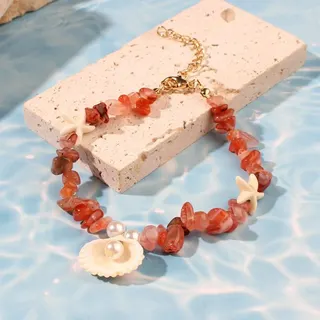 Ocean Beach Shell Bead Bracelet for Women - Red Agate Crushed Stone with Starfish & Pearl Shell Charm, Adjustable 18cm Boho Summer Jewelry