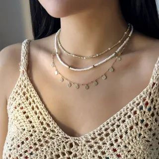 3-Piece Layered Beaded Necklace Set - Gold Round Disc Pendant + Seed Bead Chain, French Boho Vintage Collar Necklace, Hypoallergenic Alloy 18K Gold Plated, 36+8cm Adjustable, Summer Vacation Beach Jewelry Gift
