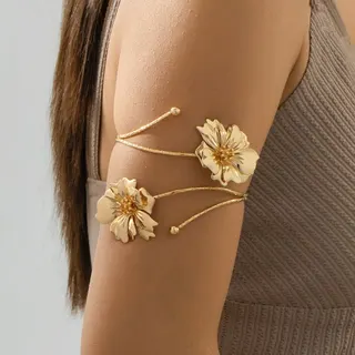 Gold Floral Arm Cuff Bracelet - Open Adjustable Petal Arm Band, 18K Gold Plated Alloy, French Vacation Style Arm Jewelry for Women