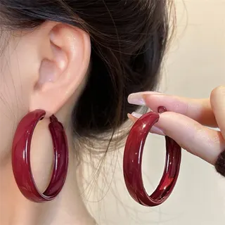 Vintage Red Round Hoop Earrings - Alloy Mirror-Polished Hoop Earrings 3x3cm, Lightweight Hypoallergenic Statement Earrings for Women (Pair)