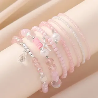 Pink Starfish Shell Beaded Bracelet Set of 7 - Macaron Pink Faceted Crystal & Clay Charm Stackable Bracelets, 18cm Elastic, Sweet Girl Gift Set