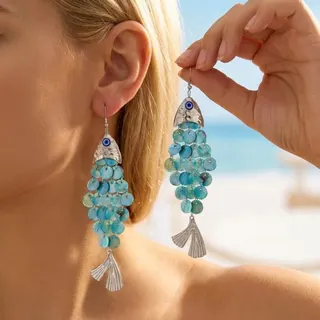 Boho Fish Earrings Gold Alloy Acrylic, Shell Scale Tassel Dangle Earrings 13.5cm, Beach Vacation Statement Earrings for Women