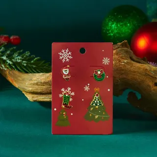 Christmas Earrings Set of 4 - Alloy Enamel Santa Claus, Christmas Tree, Candy Cane & Gingerbread Man Cartoon Earrings, Holiday Party Gift Jewelry
