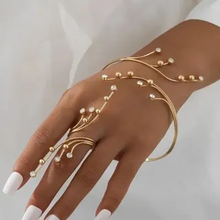 Luxury Geometric Rhinestone Cuff Bracelet & Ring Set, Gold-Plated Alloy with Micro-Paved Cubic Zirconia, Statement Wrap-Style Hand Jewelry for Wedding Party