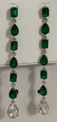 Luxury Long Drop Earrings Women Emerald Green Square Gemstone + Teardrop Crystal Alloy Gold-Plated Wedding Party Jewelry