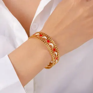 Vintage Openwork Star & Moon Enamel Stainless Steel Bangle, 18K Gold Plated Multi-Row Chain Bracelet with Red Star White Moon Drops, Hypoallergenic Fashion Jewelry for Women
