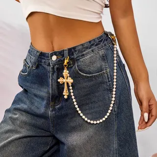 Y2K Pearl Waist Chain for Jeans - Gold Cross Beaded Belt Chain, 60cm Alloy & Imitation Pearl, Retro Streetwear Accessory for High-Waist Denim