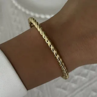 Chunky Twist Rope Bangle Bracelet for Women, 18K Gold Plated Copper with Zircon, Minimalist Vintage Open Cuff, 6cm