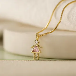 Cute Stick Figure Girl Pendant Necklace, 18K Gold Plated Copper with Zircon & Pink Crystal, Adjustable 40+5cm Clavicle Chain, Sweet Gift for Her