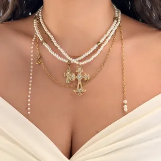 Autumn Layered Pearl Necklace with Rhinestone Cross Pendant, 18K Gold Plated Alloy Multi-Strand Long Chain, Vintage Religious Style Jewelry for Women